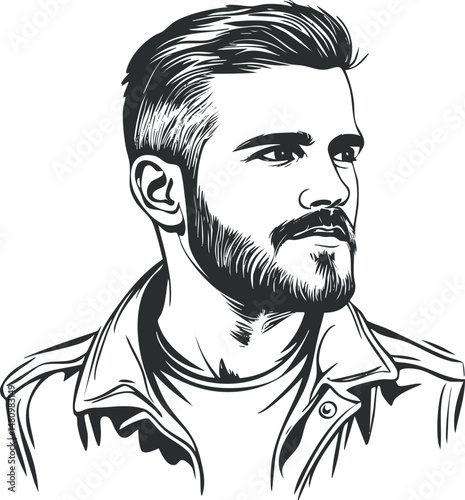 Black and white stylized portrait of a young man with beard wearing a jacket looking sideways