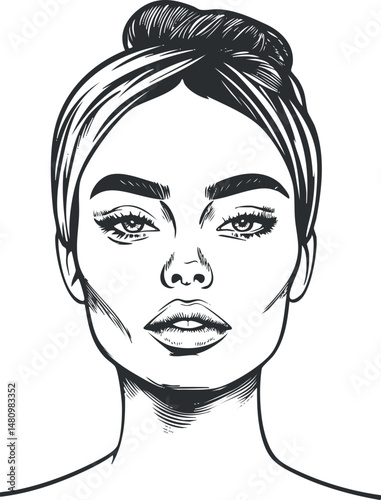 Black and white sketch illustration of a woman's face with hair in a bun and strong facial features