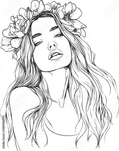 Line art portrait of a woman with long hair and a flower crown in black and white illustration style
