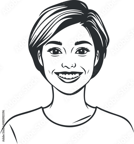 Black and white illustration of a smiling young woman with short hair and friendly expression