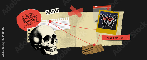 Vintage evidence board background with retro detective elements: clues, halftone skull, photo, speech bubble, newspaper clippings, pins and tape. Ideal for crime, mystery, noir design.