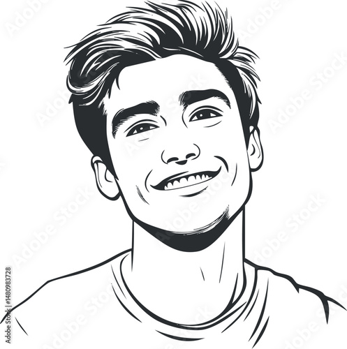 Black and white illustration of a smiling young man with styled hair in a casual t-shirt