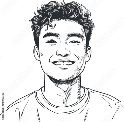 Black and white line art portrait of a smiling young man with casual hairstyle and clothing