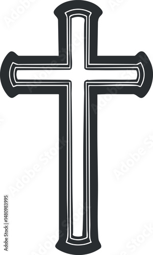 Black and white outlined Christian cross symbol representing faith and spirituality in Christianity