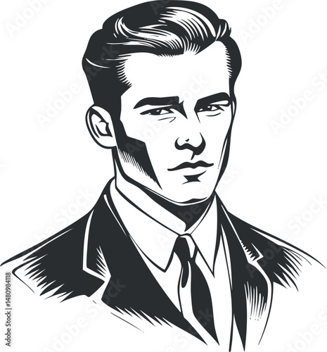 Black and white vector illustration of a young businessman wearing a suit and tie with a confident expression