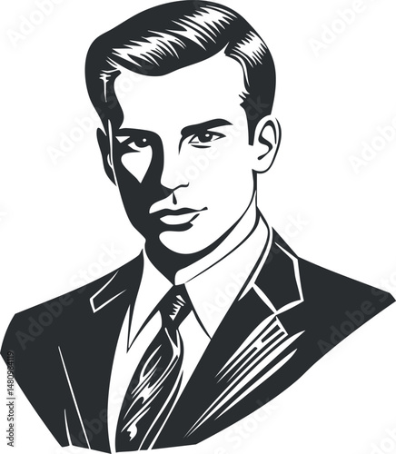 Black and white vector illustration of a confident young man in a formal suit and tie, professional portrait.