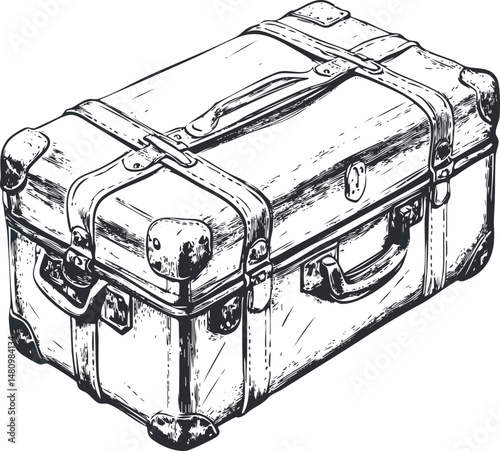 Black and white sketch of a vintage suitcase with handles, straps, and lock for travel and storage