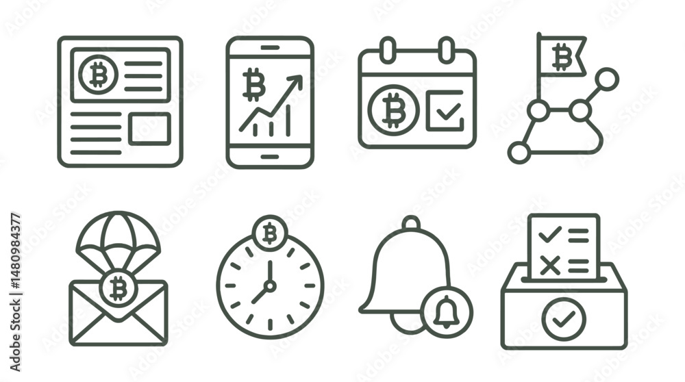 Fototapeta premium Line style icons of crypto investments: crypto investment newsfeed, investment updates tracker, earnings report calendar, project development roadmap tracker, upcoming airdrop alert, token unlock