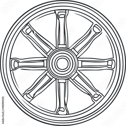 Black and white outline drawing of a vintage wagon wheel with eight spokes and a circular rim