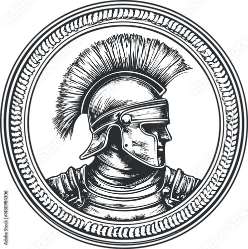 Black and white detailed illustration of a Roman soldier wearing a helmet with plume inside circular frame