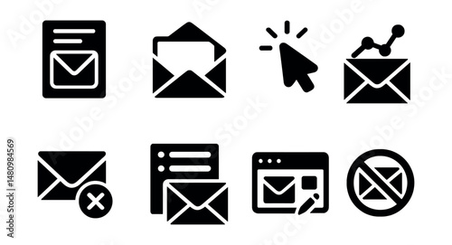 Solid style icons of email marketing: newsletter, open envelope, click rate, campaign analytics, unsubscribe icon, email list, template editor, spam filter.