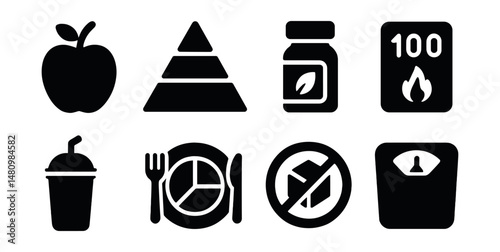 Solid style icons of food and nutrition: apple, food pyramid, vitamin bottle, calorie count, smoothie, balanced plate, no sugar sign, diet scale.