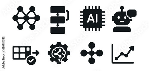 Solid style icons of AI tools and data: neural net, data flow, AI chip, chatbot icon, training model, machine learning, data clustering, smart prediction.