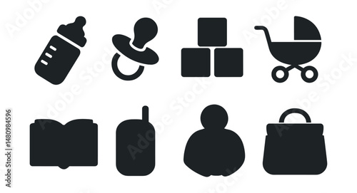 Solid style icons of parenting and kids: baby bottle, pacifier, toy blocks, stroller, bedtime story, baby monitor, parent hug, diaper bag.