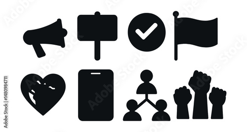 Solid style icons of youth activism: megaphone, protest sign, vote badge, diversity flag, earth heart, online petition, youth network, rally icon.