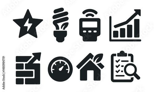 Solid style icons of energy efficiency: energy star, eco light bulb, smart meter, usage chart, insulation icon, thermostat gauge, green roof, energy audit.