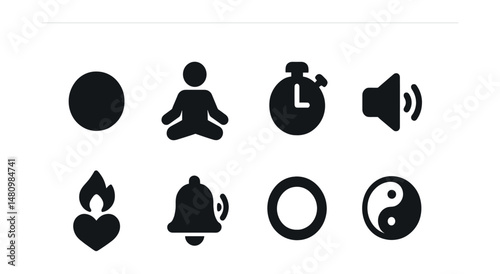Solid style icons of meditation apps: breathing dot, body scan, session timer, guided voice, mindfulness streak, calm reminder, progress ring, zen mode.