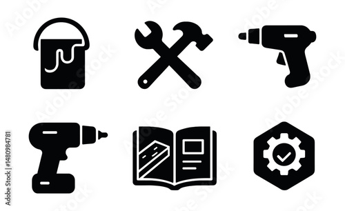 Solid style icons of DIY projects: paint bucket, wrench and hammer, glue gun, measuring tape, drill, craft board, instruction manual, fix-it icon.