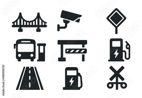 Solid style icons of transport infrastructure: bridge, traffic camera, road sign, bus terminal, toll gate, EV charger, highway, train crossing.