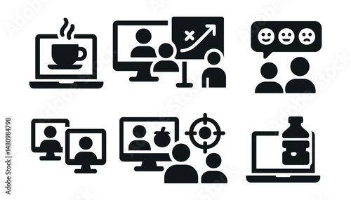 Solid style icons of virtual coworking: online coffee, group board, cowork chat, emoji reactions, pair work, pomodoro session, co-focus icon, digital watercooler.