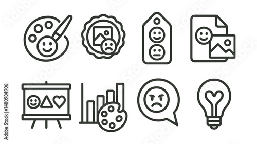 Line style icons of visual emotion expression: color my feeling icon, draw your mood badge, mood collage tag, image + emotion file, mood-to-shape board, art log chart, expressive visual bubble,