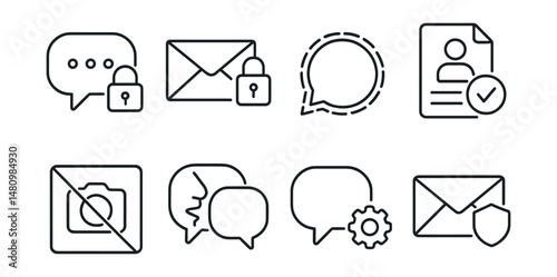Line style icons of secure communication: encrypted chat icon, private message badge, signal app tag, trusted contact file, don’t screenshot board, digital whisper chart, message settings bubble,
