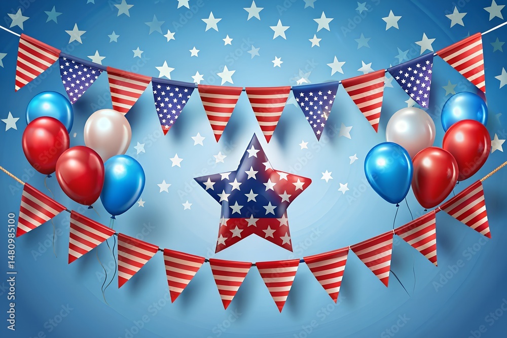 Obraz premium Flag and red ribbon banner with star balloon element