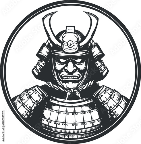 Black and white vintage illustration of fierce samurai warrior in traditional armor with horned helmet inside circular frame