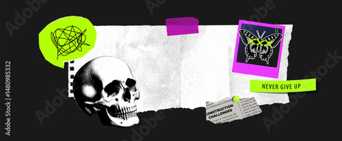 Vintage crime collage background with retro detective elements: evidence, halftone skull, speech bubble, newspaper clippings. Perfect for mystery, noir, and crime-themed designs.