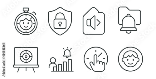 Line style icons of school-friendly focus tech: student timer icon, distraction lock badge, quiet mode tag, bell and rest file, class focus board, peer alert chart, schedule control bubble,