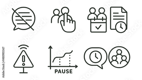 Line style icons of digital respect culture: no flood icon, group silence badge, peer schedule tag, time zone aware file, tone-aware alert board, “pause before ping” chart, respect time bubble,