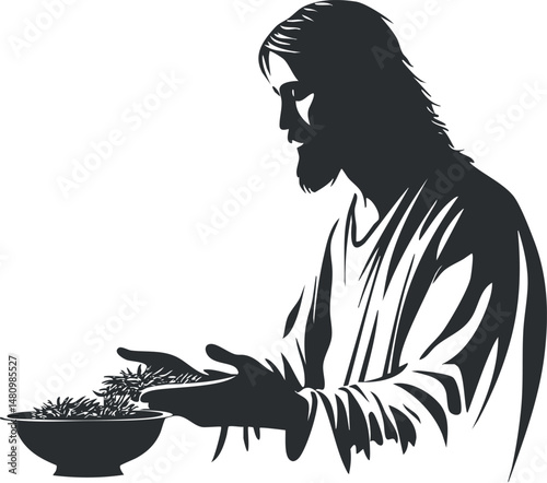 Silhouette of a bearded man with long hair offering or holding a bowl in a spiritual or religious gesture, depicting calm and devotion.