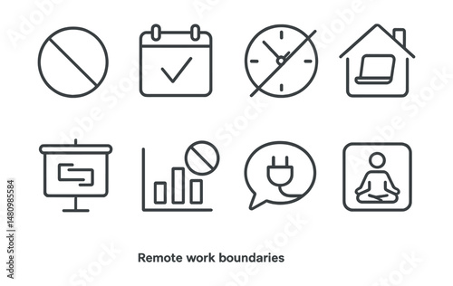 Line style icons of remote work boundaries: offline sign icon, clear schedule badge, non-work hours tag, work-from-home space file, set boundaries board, no interruption chart, unplug bubble, focus