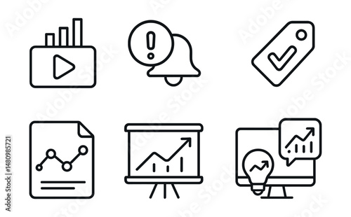 Line style icons of real-time data monitoring: live data icon, real-time alerts badge, status update tag, live feed file, event tracker board, dynamic chart chart, monitor graph bubble, instant
