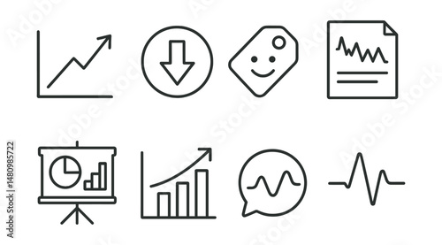 Line style icons of market trends analysis: uptrend line icon, downward arrow badge, market sentiment tag, stock volatility file, sector breakdown board, industry growth chart, price fluctuation