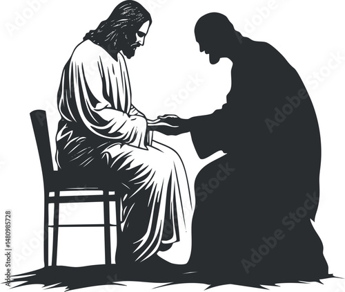 Silhouette illustration of Jesus washing a man's feet symbolizing humility and service in Christianity