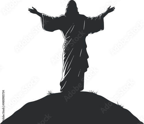 Silhouette of Jesus Christ statue with outstretched arms standing on a hill against a white background