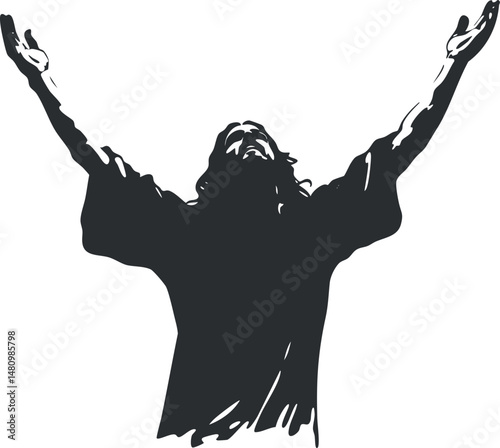 Silhouette of a man with arms raised in worship and prayer expressing faith and spiritual devotion