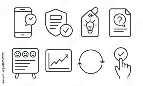 Line style icons of survey feedback loops: real-time feedback icon, response tracker badge, actionable insights tag, follow-up question file, continuous survey board, ongoing feedback chart,