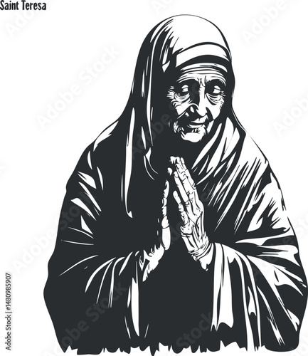 Black and white illustration of an elderly woman in religious attire praying with hands together in devotion