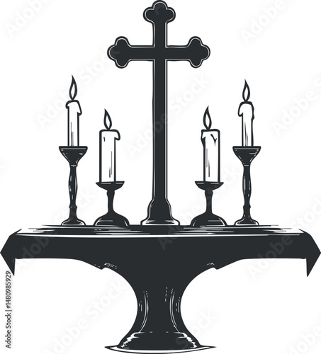 Black and white illustration of a church altar with a cross and four lit candles symbolizing Christian faith and worship.