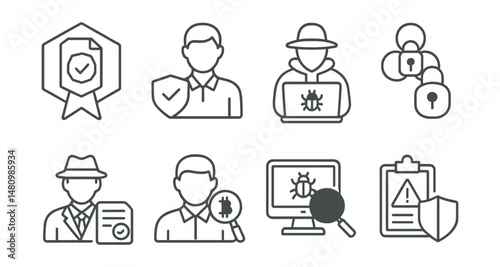 Line style icons of blockchain careers: smart contract auditor badge, blockchain security analyst, penetration tester for Web3, DeFi security specialist, crypto compliance officer, blockchain