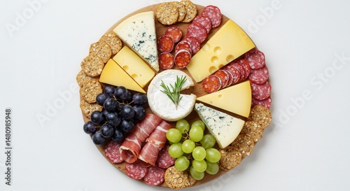 Overhead View of a Gourmet Charcuterie Board with an Arrangement of Cheeses Salami Crackers and Grapes on a Wooden Circle with White Background
