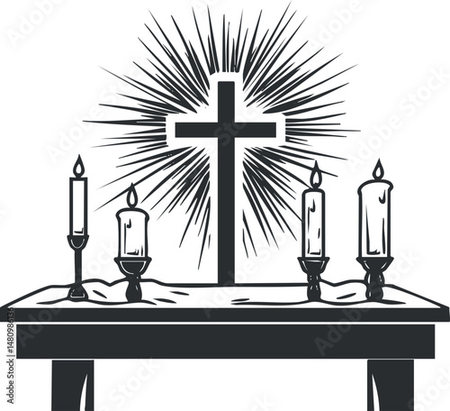 Black and white illustration of a religious altar with a cross and four lit candles symbolizing Christian faith and worship
