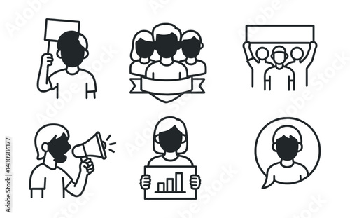 Line style icons of youth-led movements: teen activist icon, youth group badge, change maker tag, peer rally file, student march board, school protest chart, young leaders bubble, teen voices symbol.