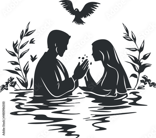 Silhouette of a romantic couple standing in water surrounded by plants and a bird flying above, symbolizing love and connection.