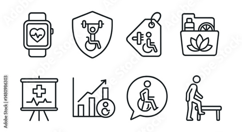 Line style icons of health and wellness accessibility: fitness tracker icon, adaptive exercise badge, inclusive gym tag, wellness tools file, medical assistance board, healthcare access chart,