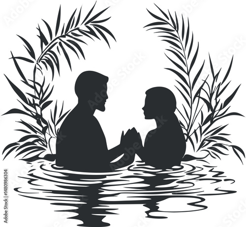 Silhouette of a romantic couple holding hands in water surrounded by tropical leaves and foliage