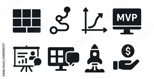 Solid style icons of startup strategy: business canvas, roadmap, pivot point, MVP icon, pitch screen, feedback board, launchpad, funding round.
