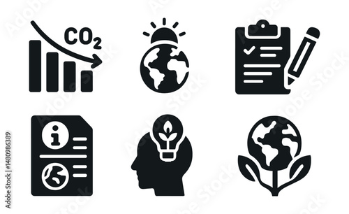 Solid style icons of climate education: CO2 chart, global warming, youth project, lesson plan, climate facts, action ideas, eco school, climate globe.